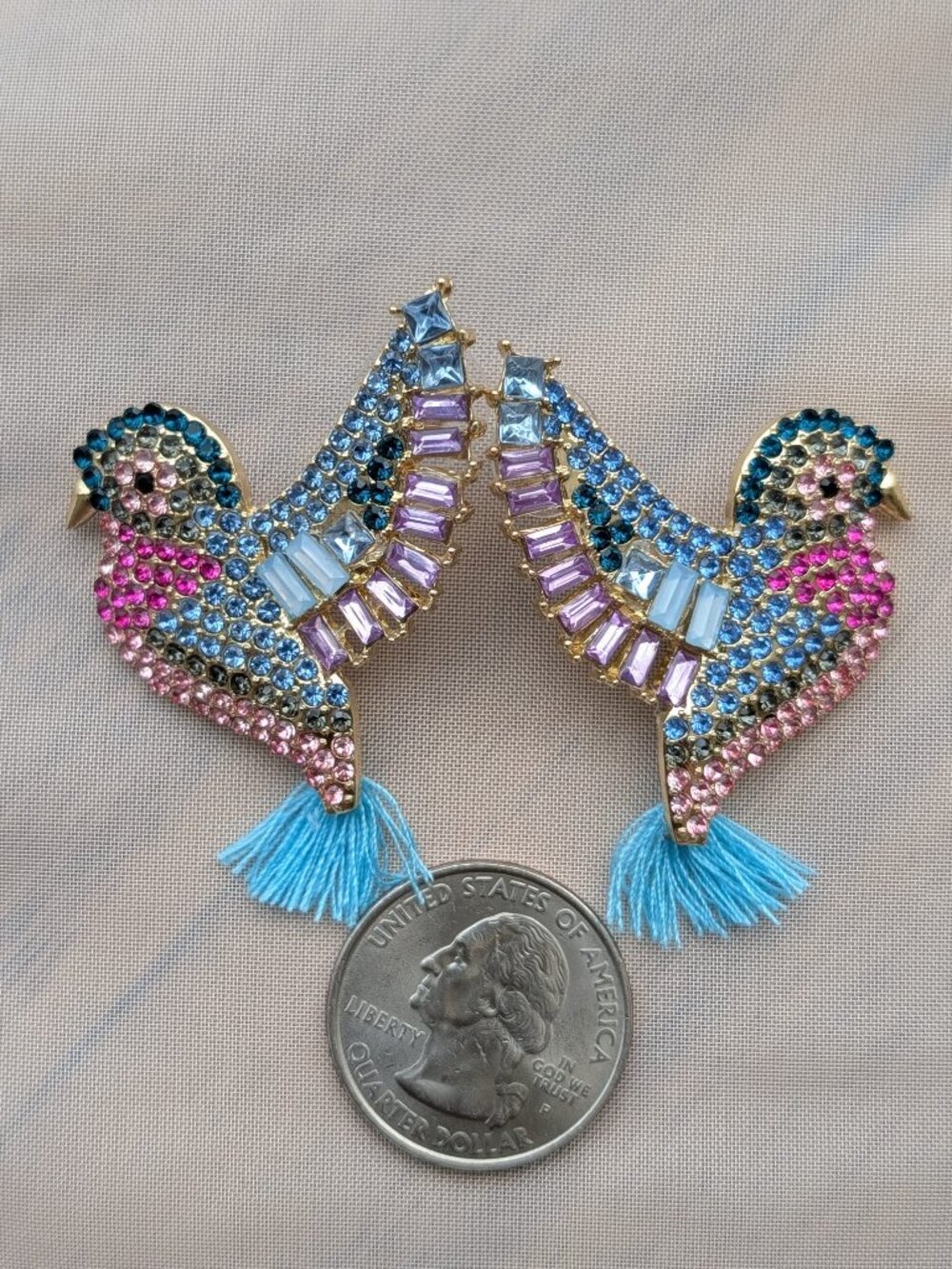 Colorful Bird Statement Earrings | Rhinestone Gold Tone | Boho Glam